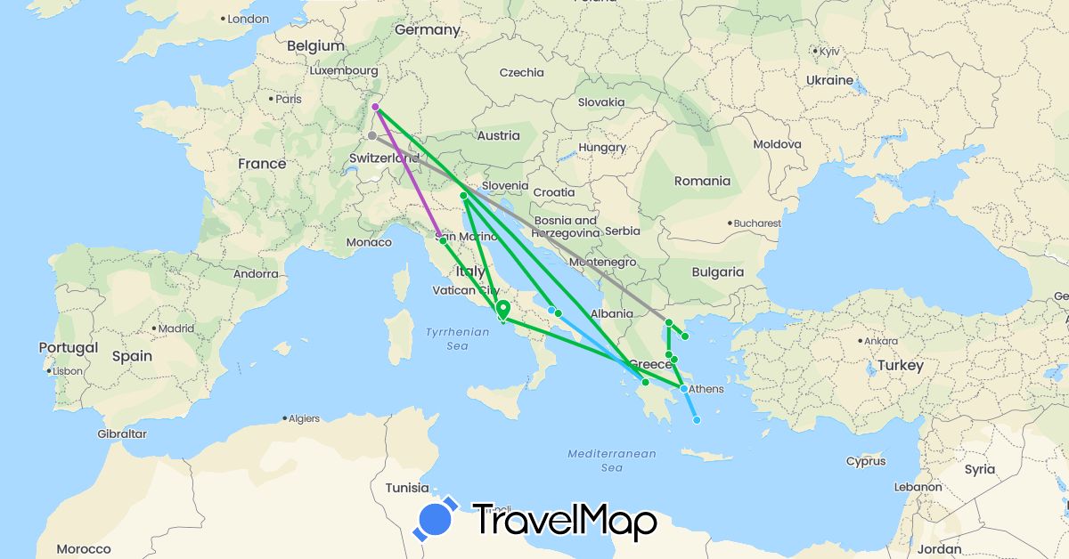 TravelMap itinerary: bus, plane, train, boat in Switzerland, France, Greece, Italy (Europe)